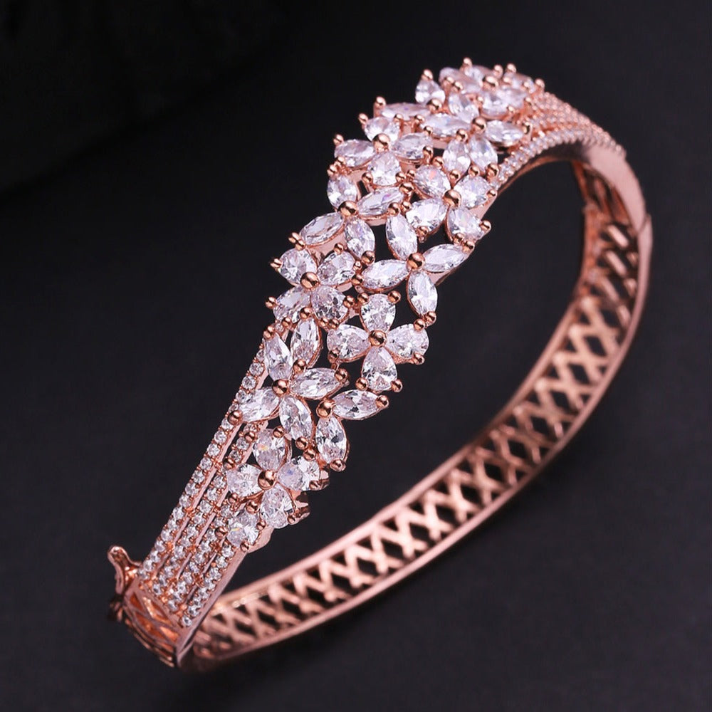 Rose Gold-Plated American Diamond Studded Floral Bracelet