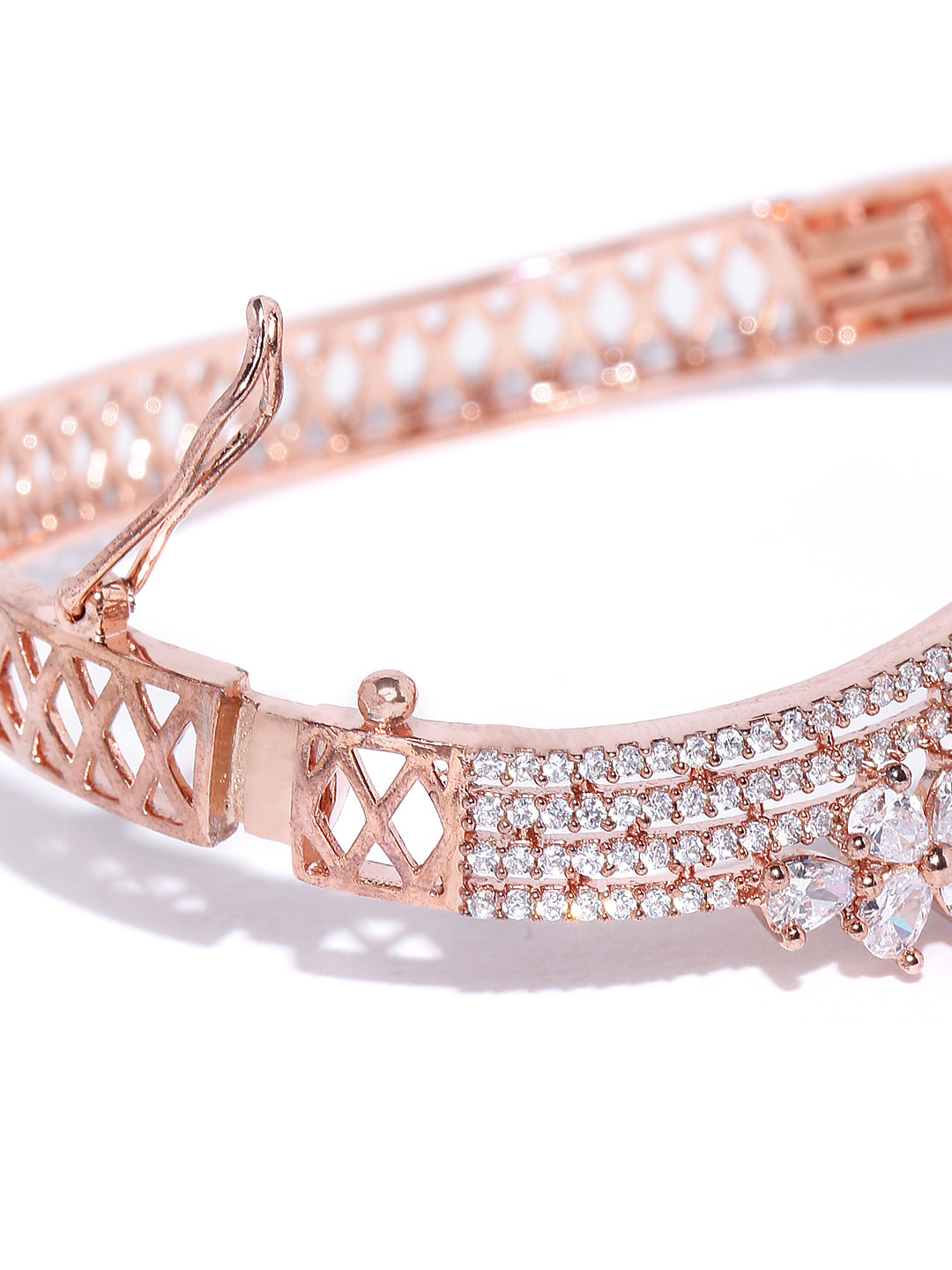 Rose Gold-Plated American Diamond Studded Floral Bracelet