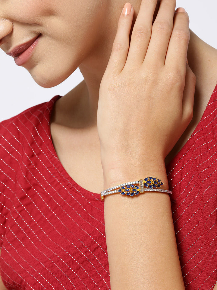 Gold-Plated American Diamond Studded, Floral Patterned Bracelet in Blue Color