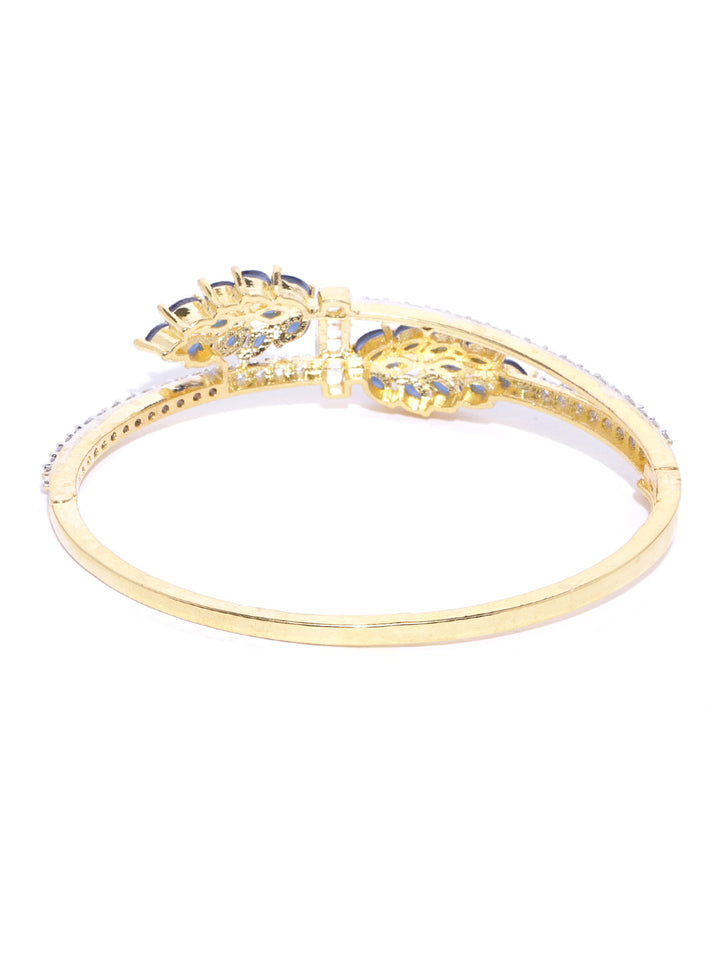 Gold-Plated American Diamond Studded, Floral Patterned Bracelet in Blue Color