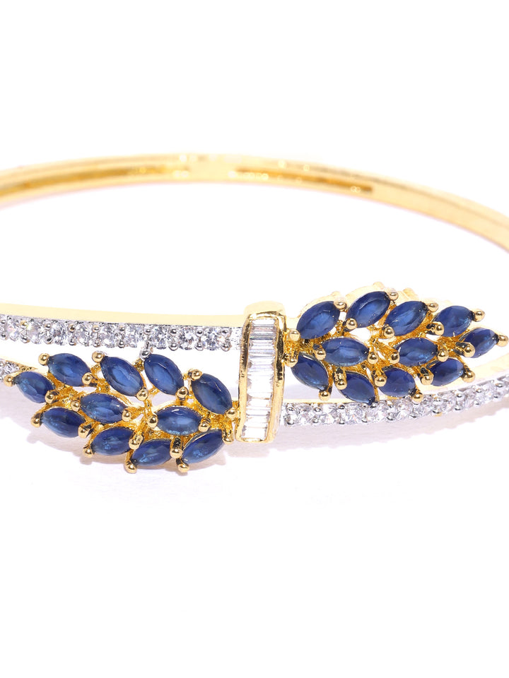 Gold-Plated American Diamond Studded, Floral Patterned Bracelet in Blue Color