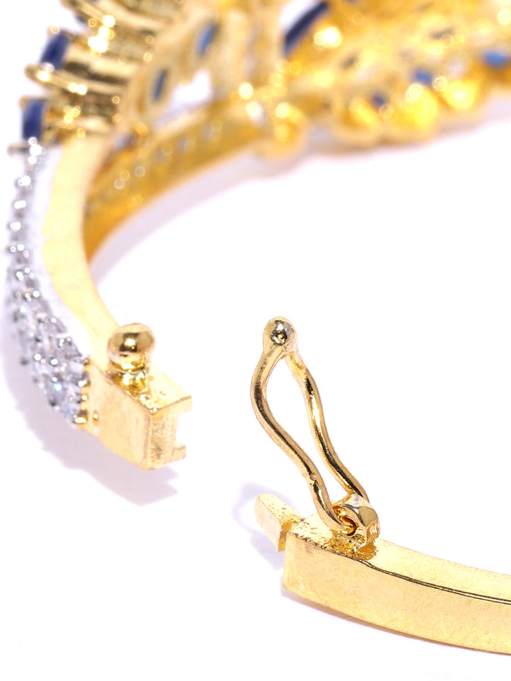 Gold-Plated American Diamond Studded, Floral Patterned Bracelet in Blue Color