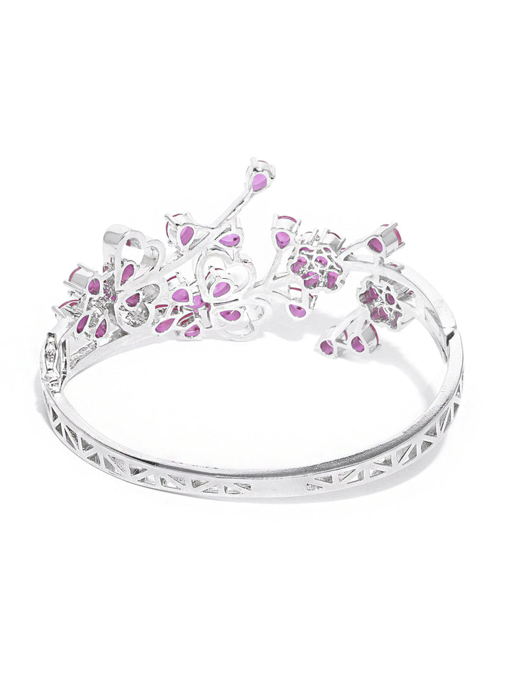 Silver-Plated Stones Studded Floral Patterned Kada Bracelet in Purple Color