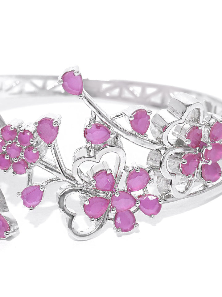 Silver-Plated Stones Studded Floral Patterned Kada Bracelet in Purple Color