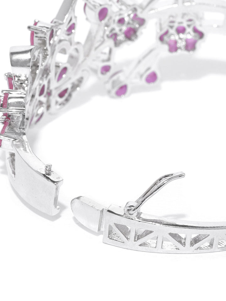 Silver-Plated Stones Studded Floral Patterned Kada Bracelet in Purple Color