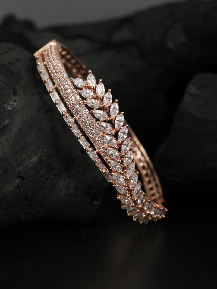 American Diamond Leaf Shaped Rose Gold Plated Bracelet