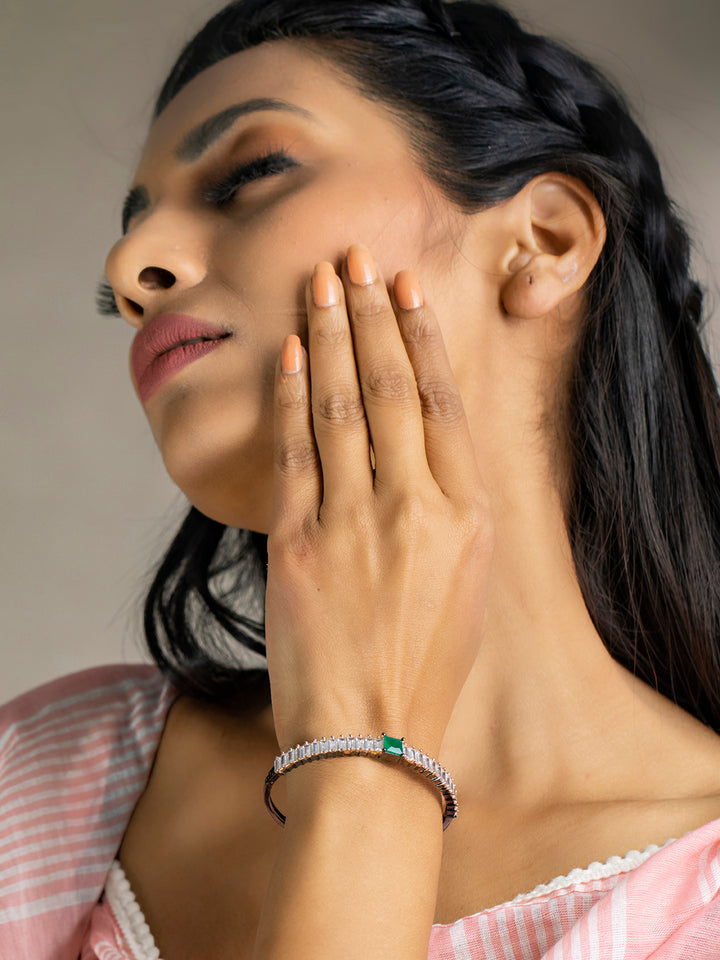Green Stone Studded Dual Toned Baguette Bracelet