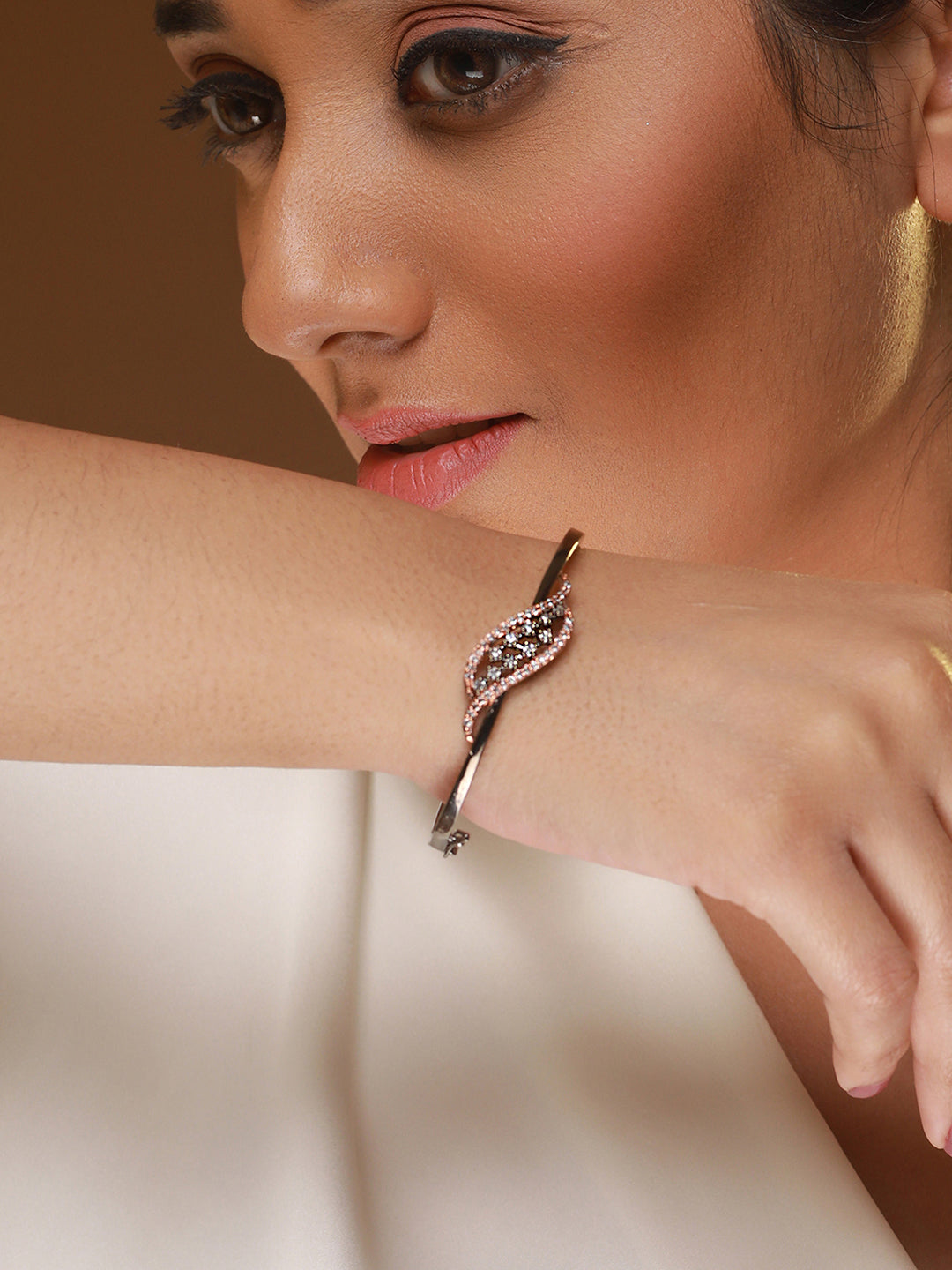 Elegant Leaf AD Studded Rose Gold Silver-Plated Bracelet – Priyaasi
