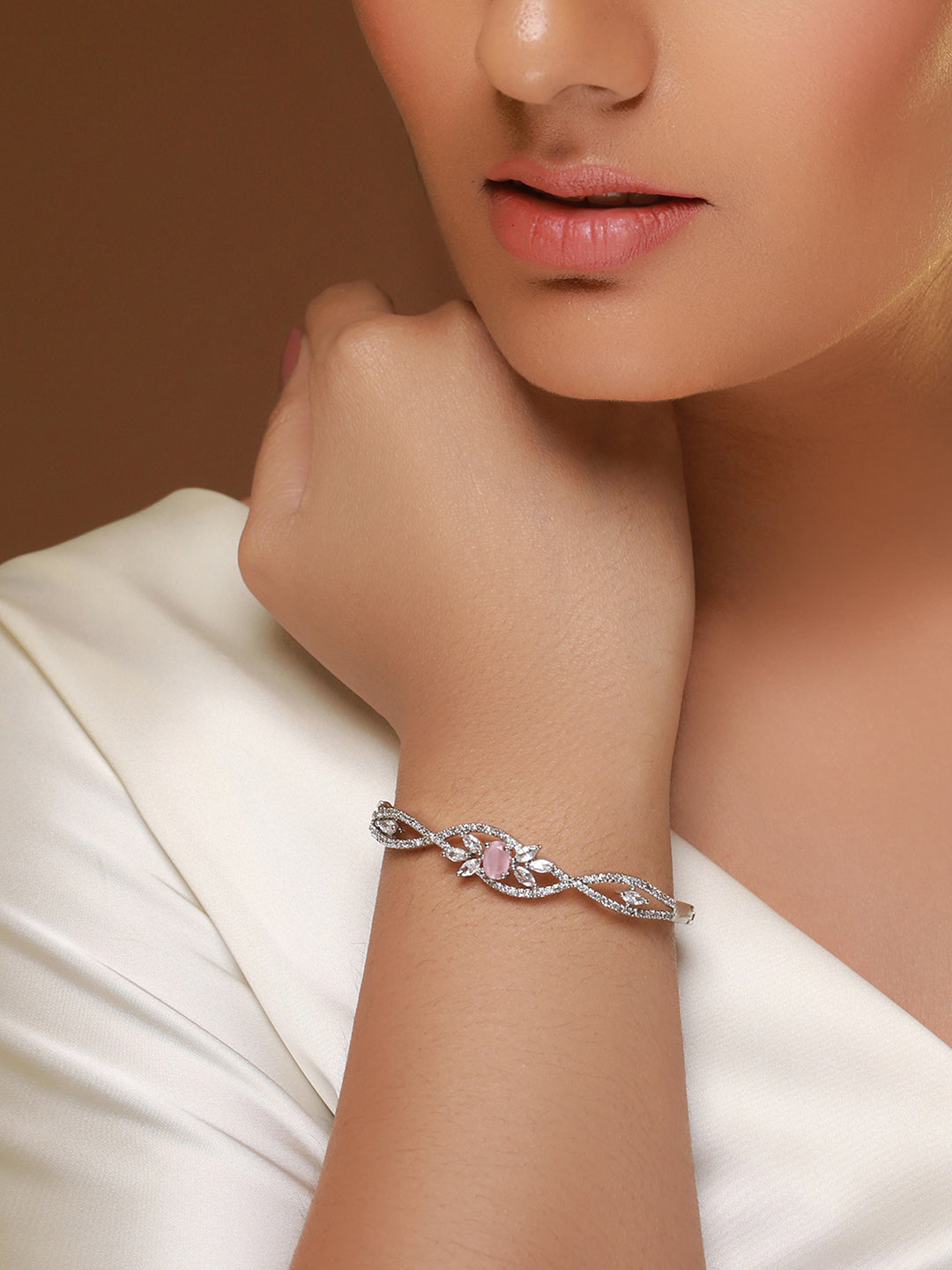 Pink Floral American Diamond Silver-Plated Bracelet - Main Image