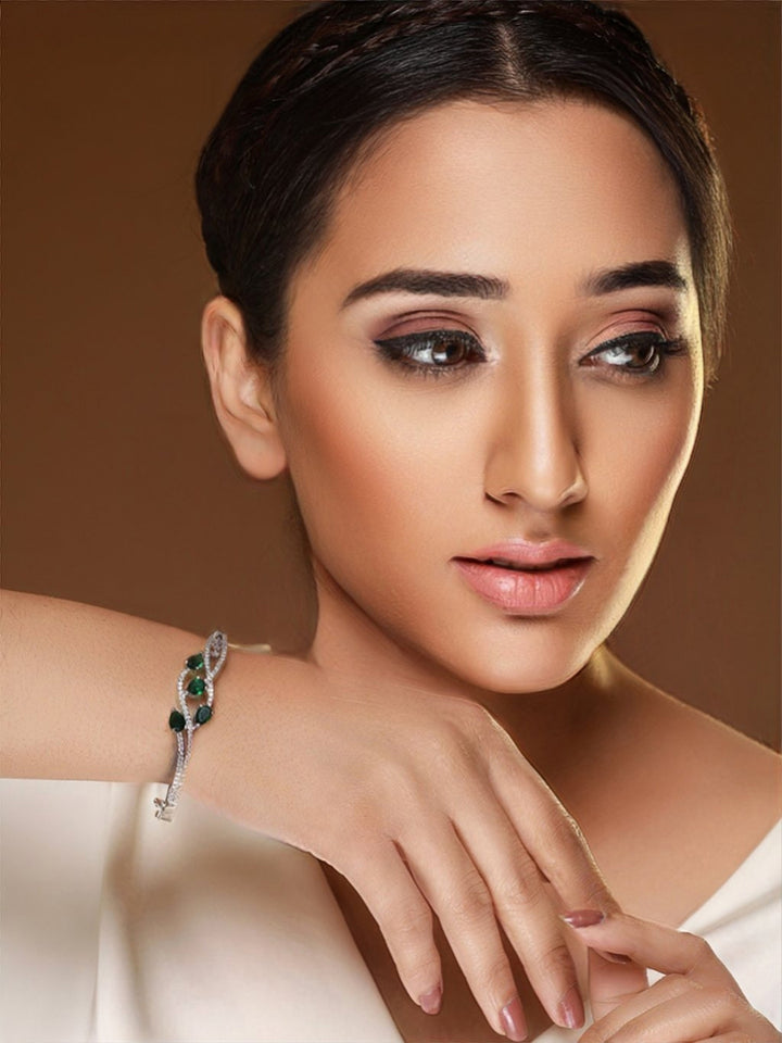 Green Leaf American Diamond Silver-Plated Bracelet