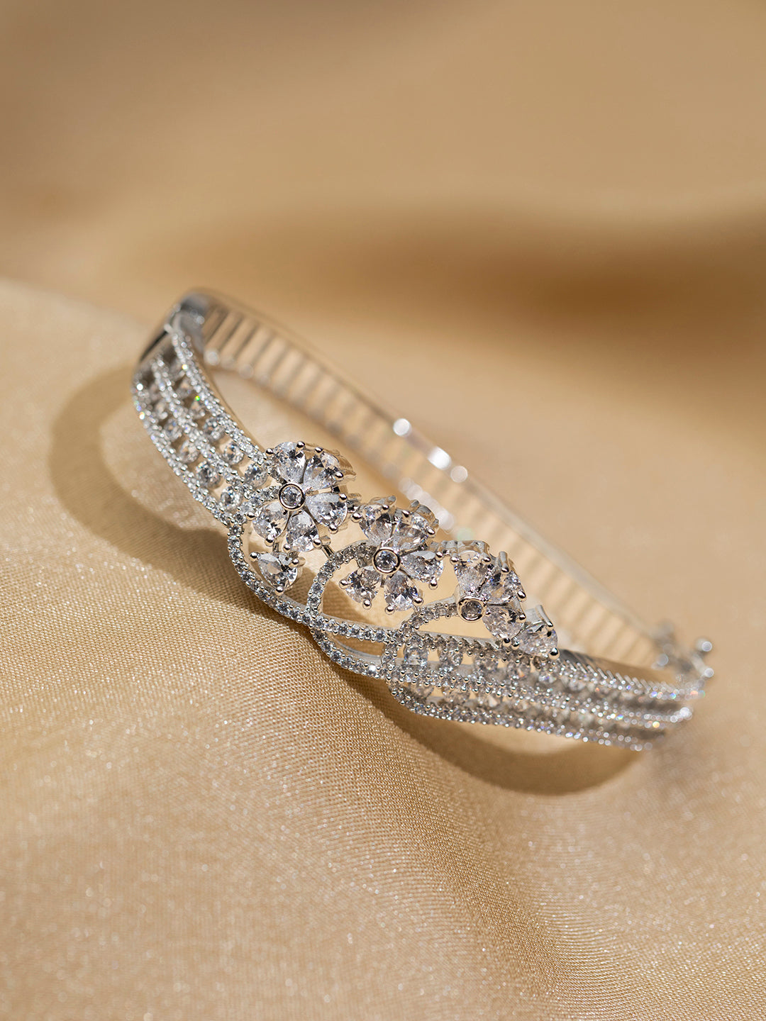 Stunning Floral American Diamond Silver-Plated Bracelet – Priyaasi