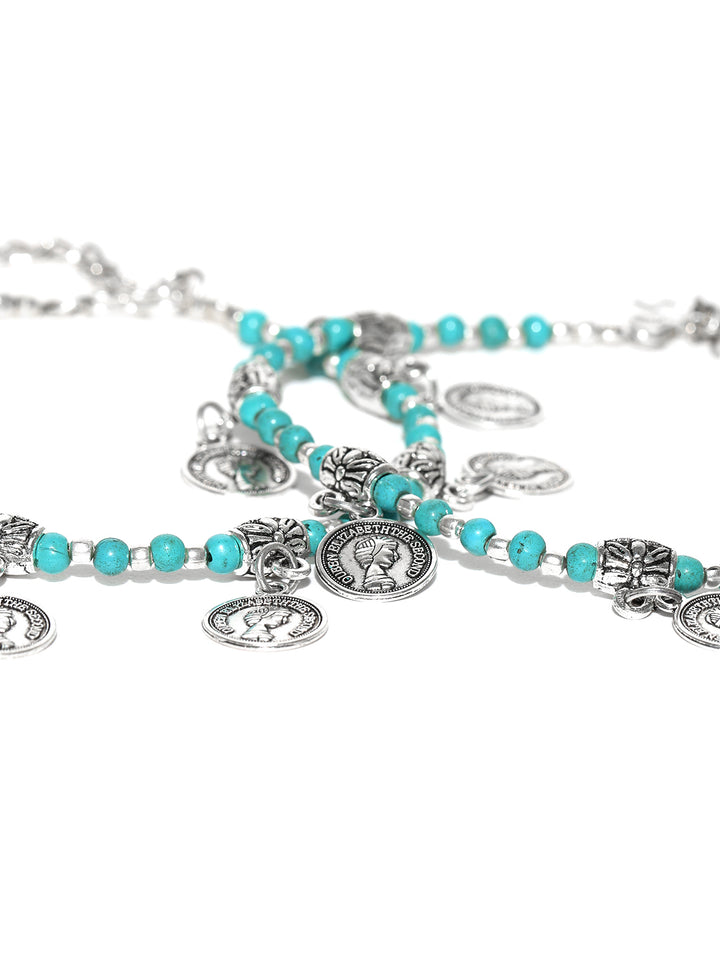 Set Of 2 Oxidised Silver Blue Beaded Coin Drop Anklets
