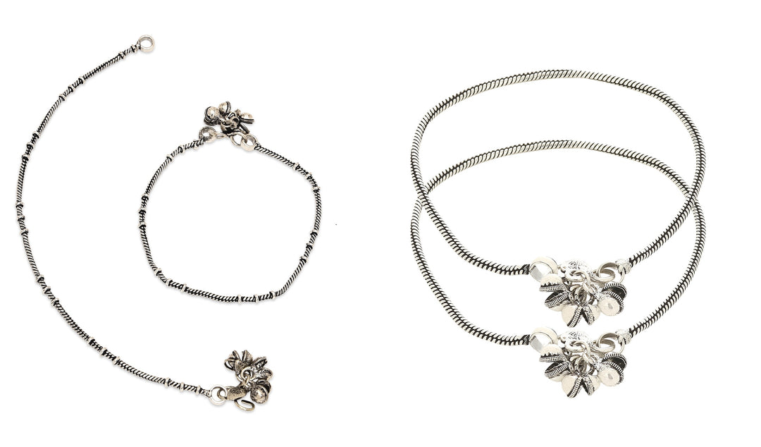 Pair of 2 Oxidized Silver-Plated Anklets