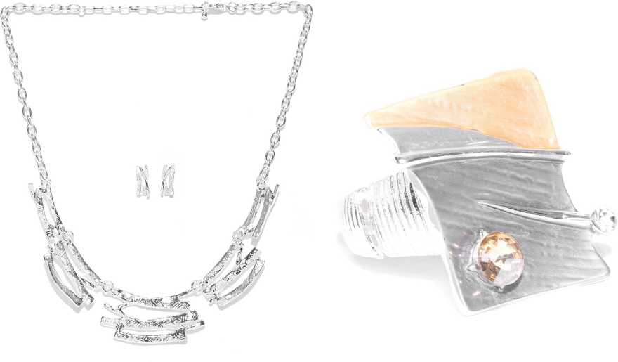 Silver-Plated Necklace With Earring And Enammelled Ring