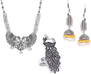 Oxidised Combo of Peacock Shaped Necklace Earring And Ring