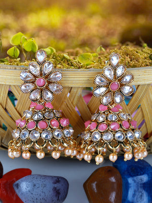 Pink Gold-Plated Stones Studded Floral Patterned Jhumka Earrings in Pink and White Color