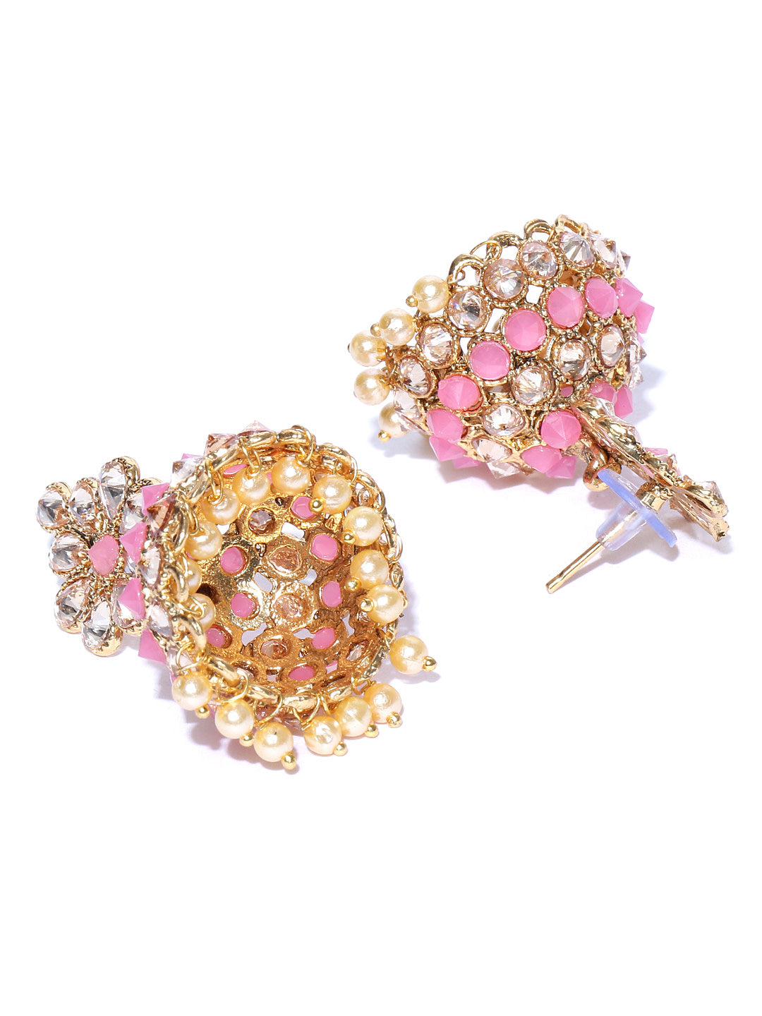 Pink Gold-Plated Stones Studded Floral Patterned Jhumka Earrings in Pink and White Color