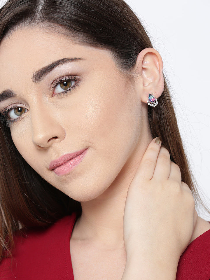 Silver-Plated Cubic Zirconia Studded Geometric Patterned Stud Earrings in Purple Color