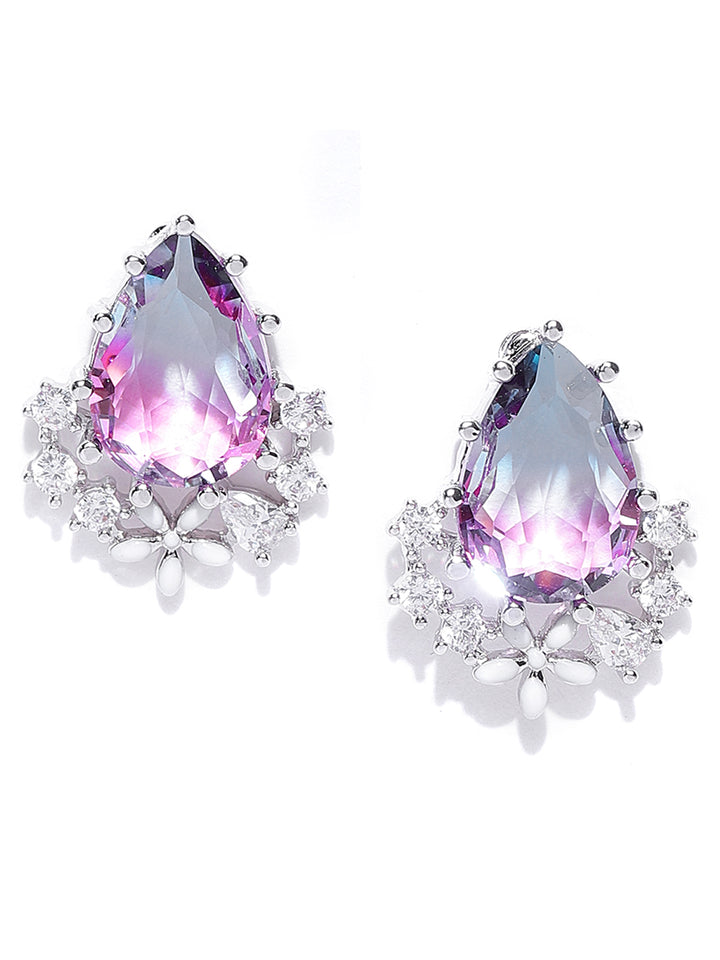 Silver-Plated Cubic Zirconia Studded Geometric Patterned Stud Earrings in Purple Color