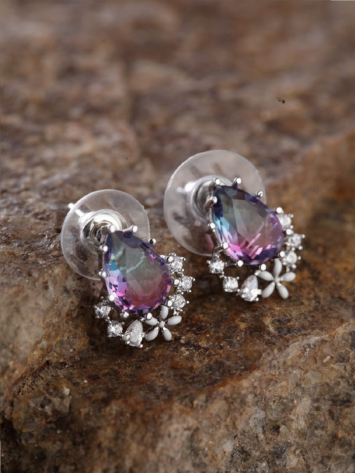 Silver-Plated Cubic Zirconia Studded Geometric Patterned Stud Earrings in Purple Color