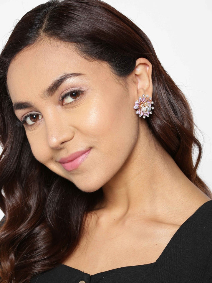 Designer Gold Plated Stone Studded With Multicolor Pearls Flower Design Purple Stud Earrings For Women And Girls