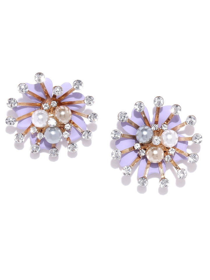 Designer Gold Plated Stone Studded With Multicolor Pearls Flower Design Purple Stud Earrings For Women And Girls