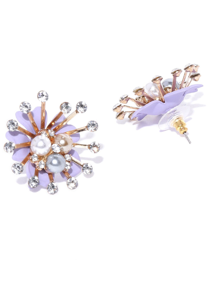 Designer Gold Plated Stone Studded With Multicolor Pearls Flower Design Purple Stud Earrings For Women And Girls