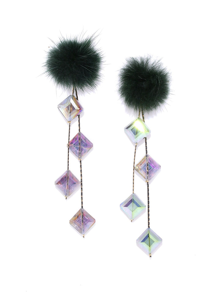 Designer Gold Plated Chain Hanging Purple And Green Stones With Black Fur Stylish Drop Earrings For Women And Girls