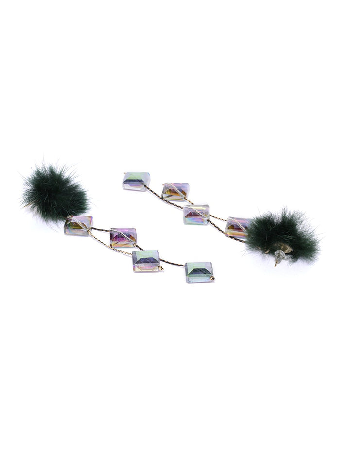 Designer Gold Plated Chain Hanging Purple And Green Stones With Black Fur Stylish Drop Earrings For Women And Girls