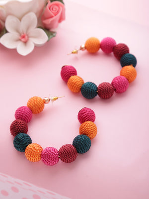 Designer Multicolor Nylon Thread Balls Big Hoop Like Drop Earrings