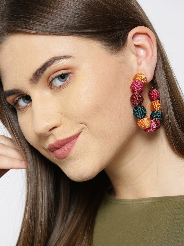 Designer Multicolor Nylon Thread Balls Big Hoop Like Drop Earrings