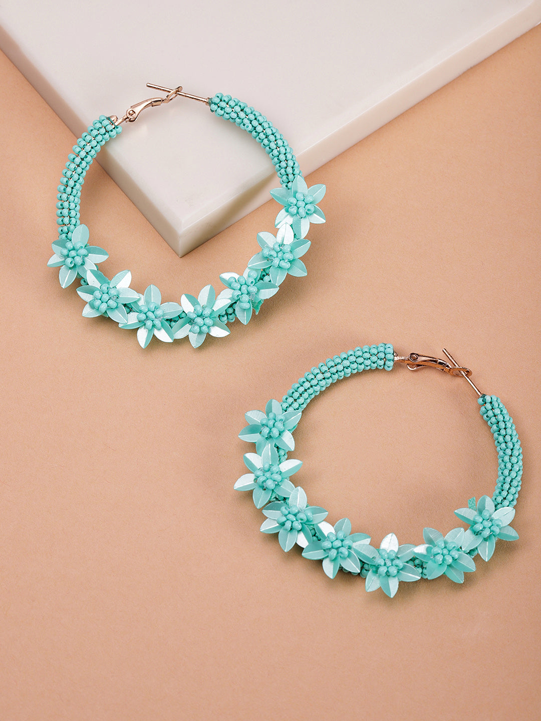 Designer Floral Pattern Beaded Mint Green Hoop Earrings