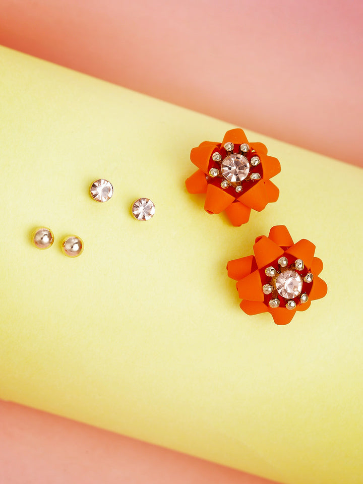 Gold-Plated Saffron Colour Stud Earrings With 2 Pair Matching Studs Earrings