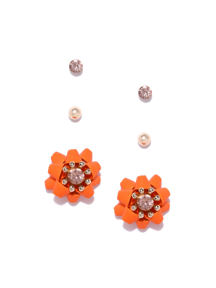 Gold-Plated Saffron Colour Stud Earrings With 2 Pair Matching Studs Earrings