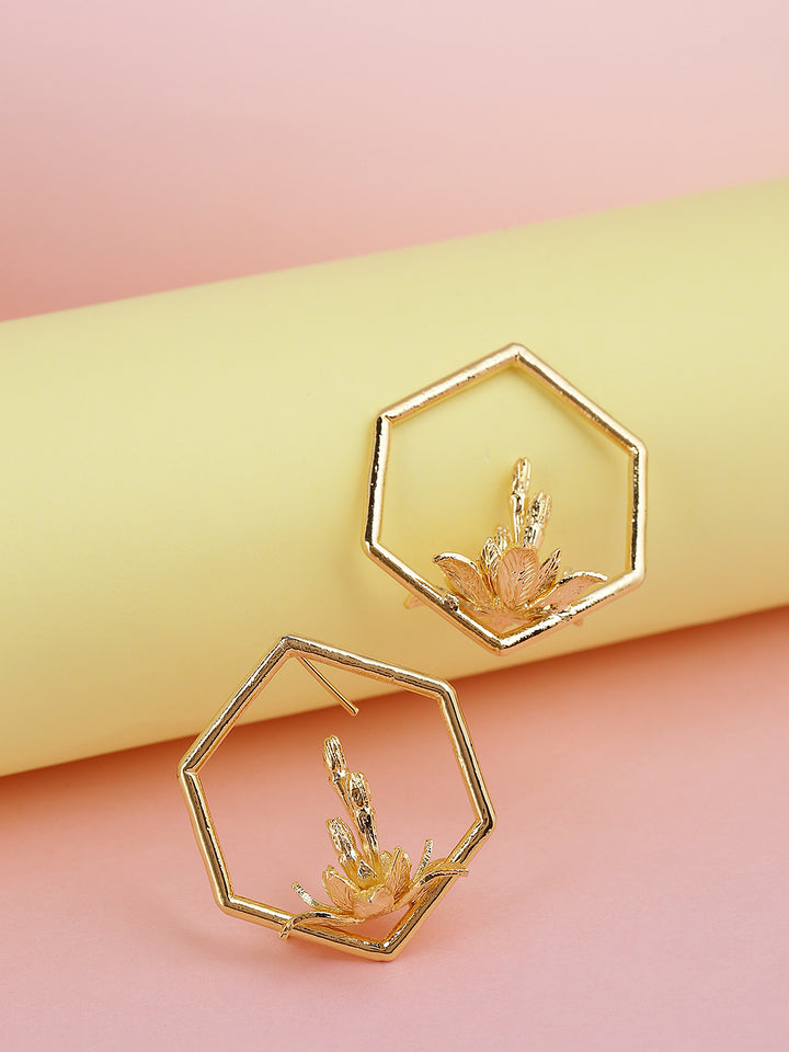 Designer Gold-Toned Hexagon Shaped Floral Handcrafted Drop Earrings