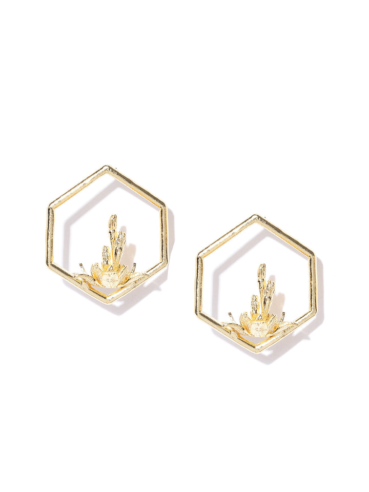 Designer Gold-Toned Hexagon Shaped Floral Handcrafted Drop Earrings