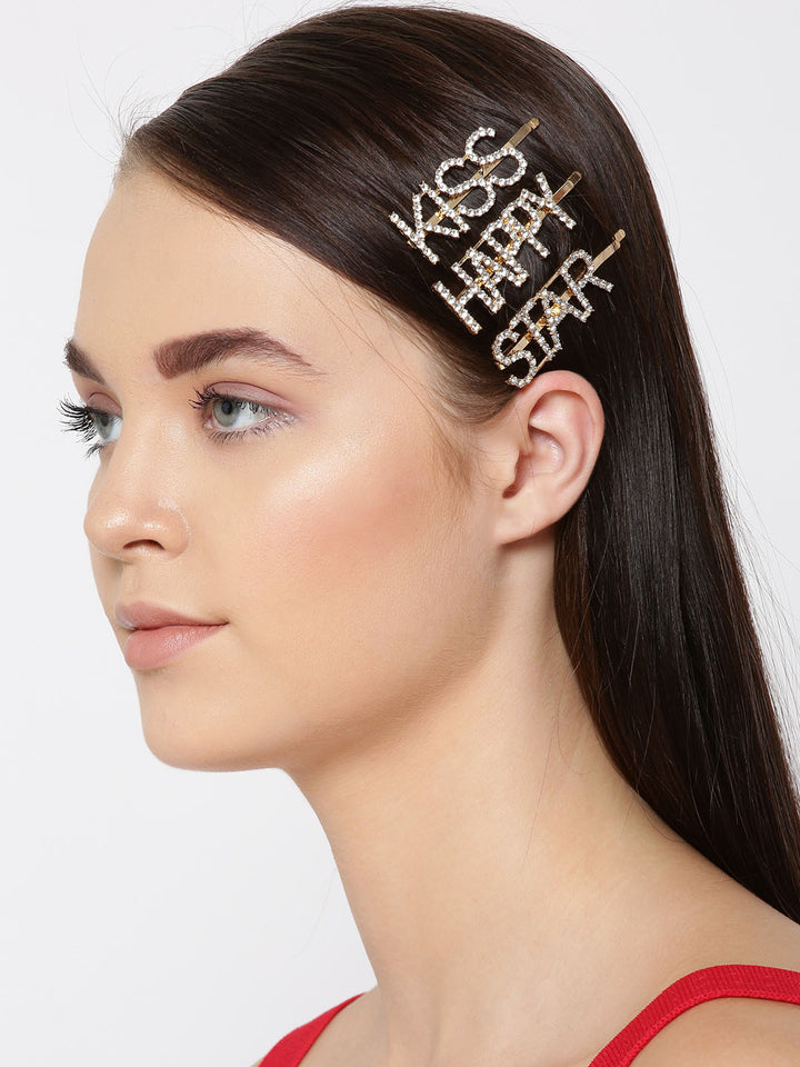 Set Of 3 Gold-Plated American Diamond Studded Letter Party Barrette Hair Clip