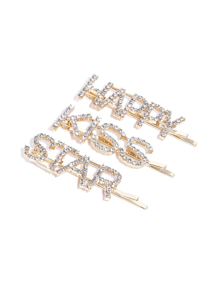 Set Of 3 Gold-Plated American Diamond Studded Letter Party Barrette Hair Clip