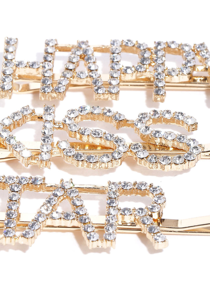 Set Of 3 Gold-Plated American Diamond Studded Letter Party Barrette Hair Clip