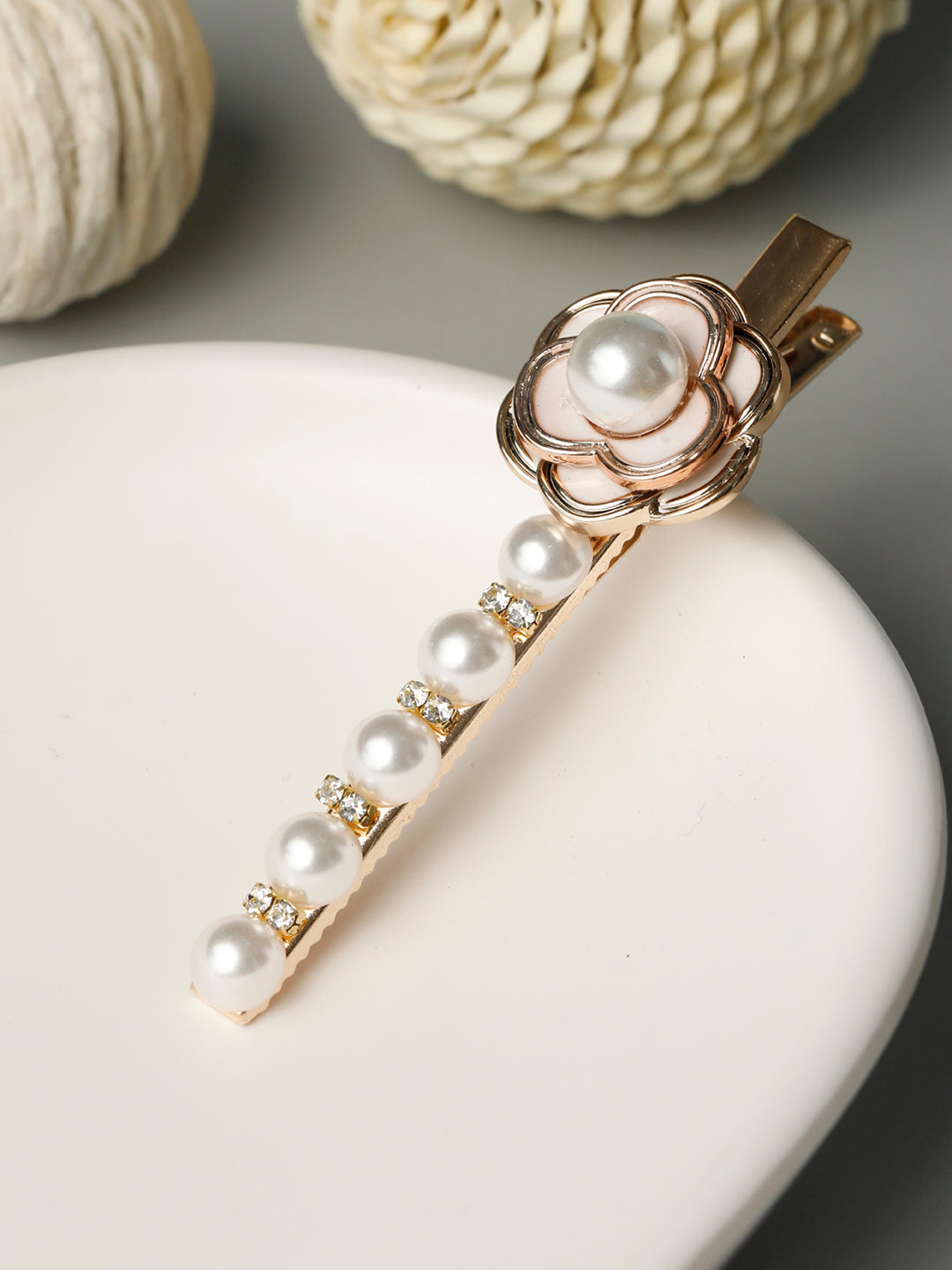 Pink Pearls Gold Plated Floral Hair Pin