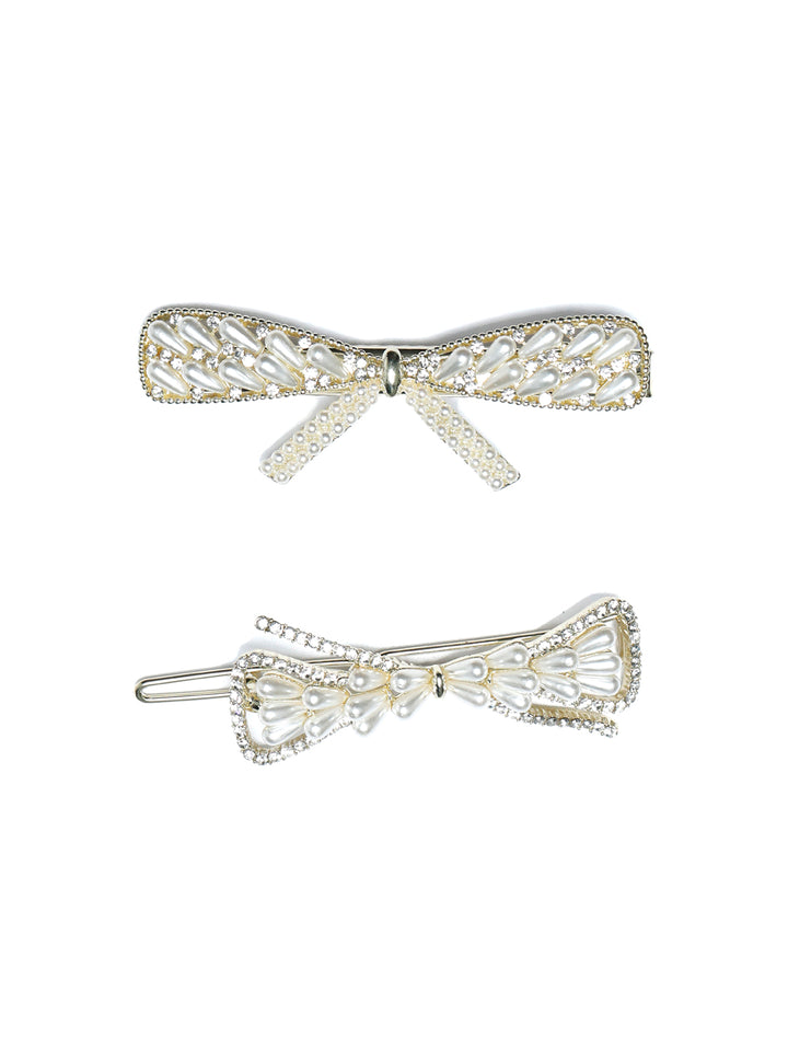 White Pearl Studded Bow Hair Pin Set