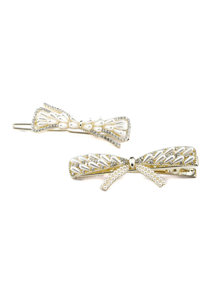 White Pearl Studded Bow Hair Pin Set