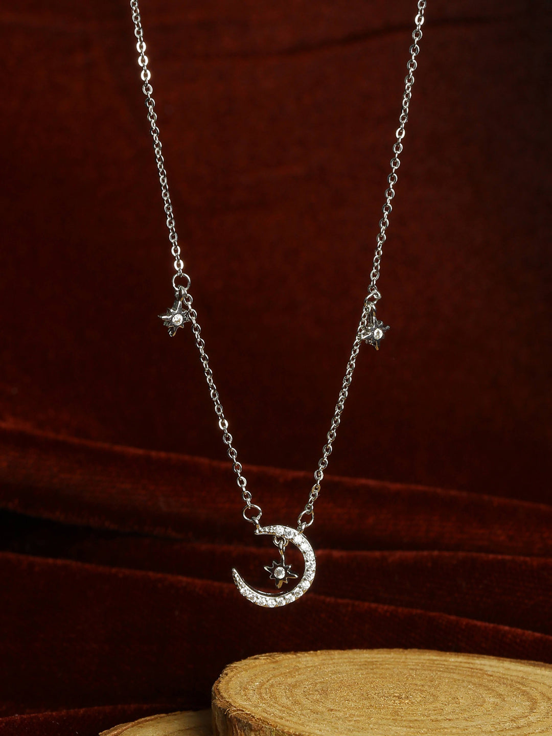 Moon & Star Zircon Silver Necklace