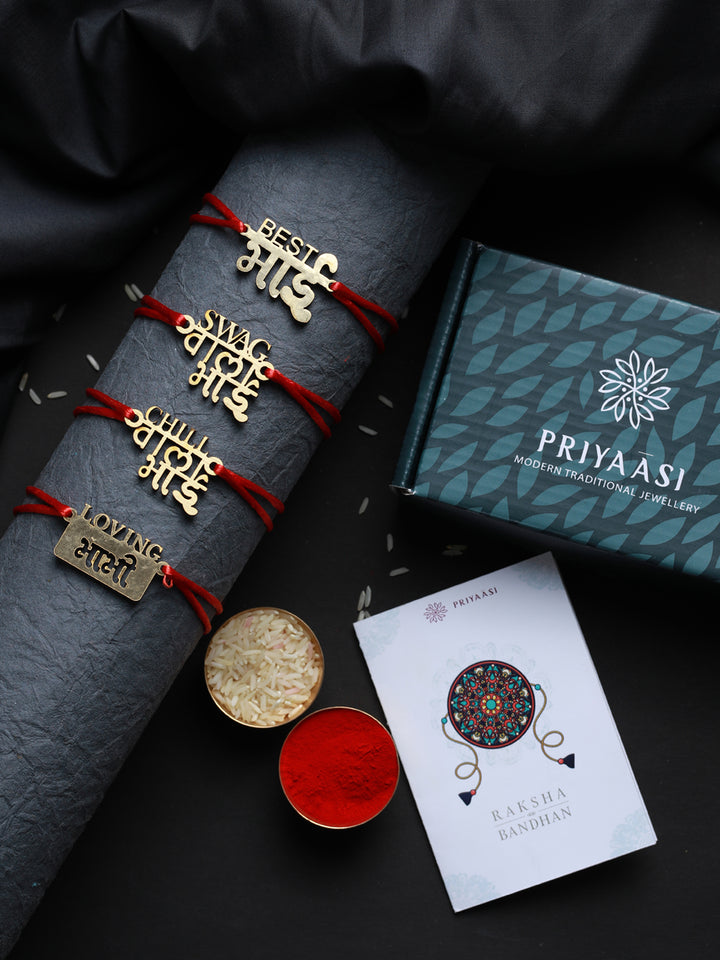 Priyaasi Wooden Red Thread Rakhi for Family (Set of 4)