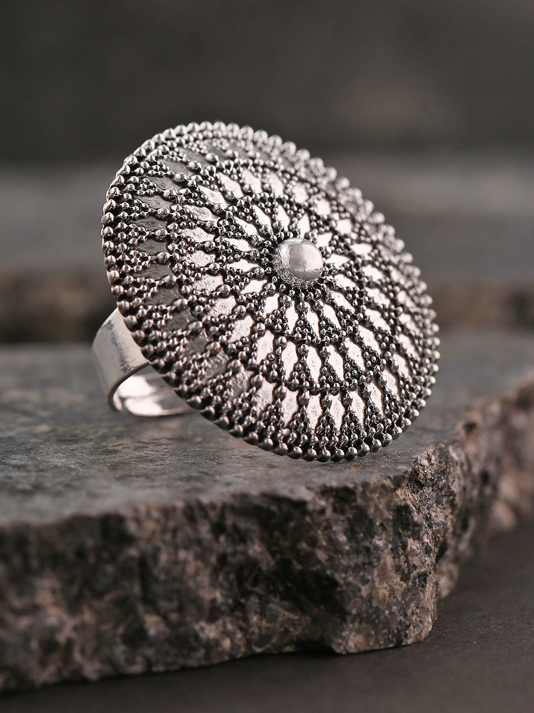 Oxidized Silver Textured Adjustable Ring in Floral Pattern – Priyaasi