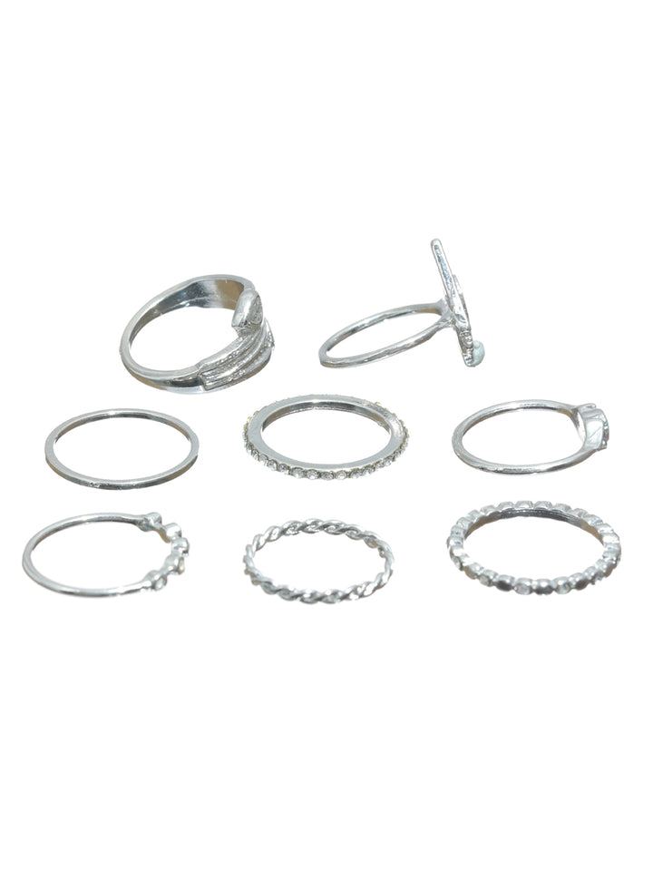 Prita Stylish Boho Silver Plated Ring Set of 8