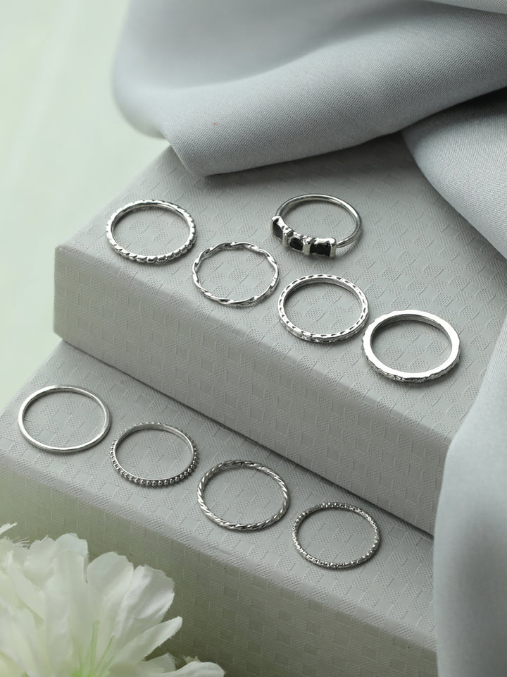 Prita Fashionable Silver Plated Ring Set of 9