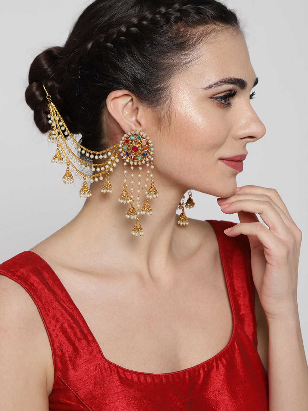 Navratan 18K Gold-Plated Beaded Jhumkas Ear Chain