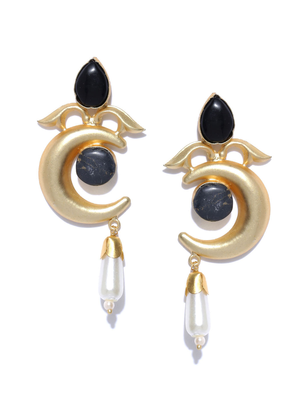 Gold Plated Half Moon Inspired Pearl Drop Earrings