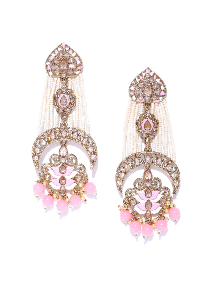 Gold-Plated Meenakari Drop Earrings in Pink and White Color with Beads Drop